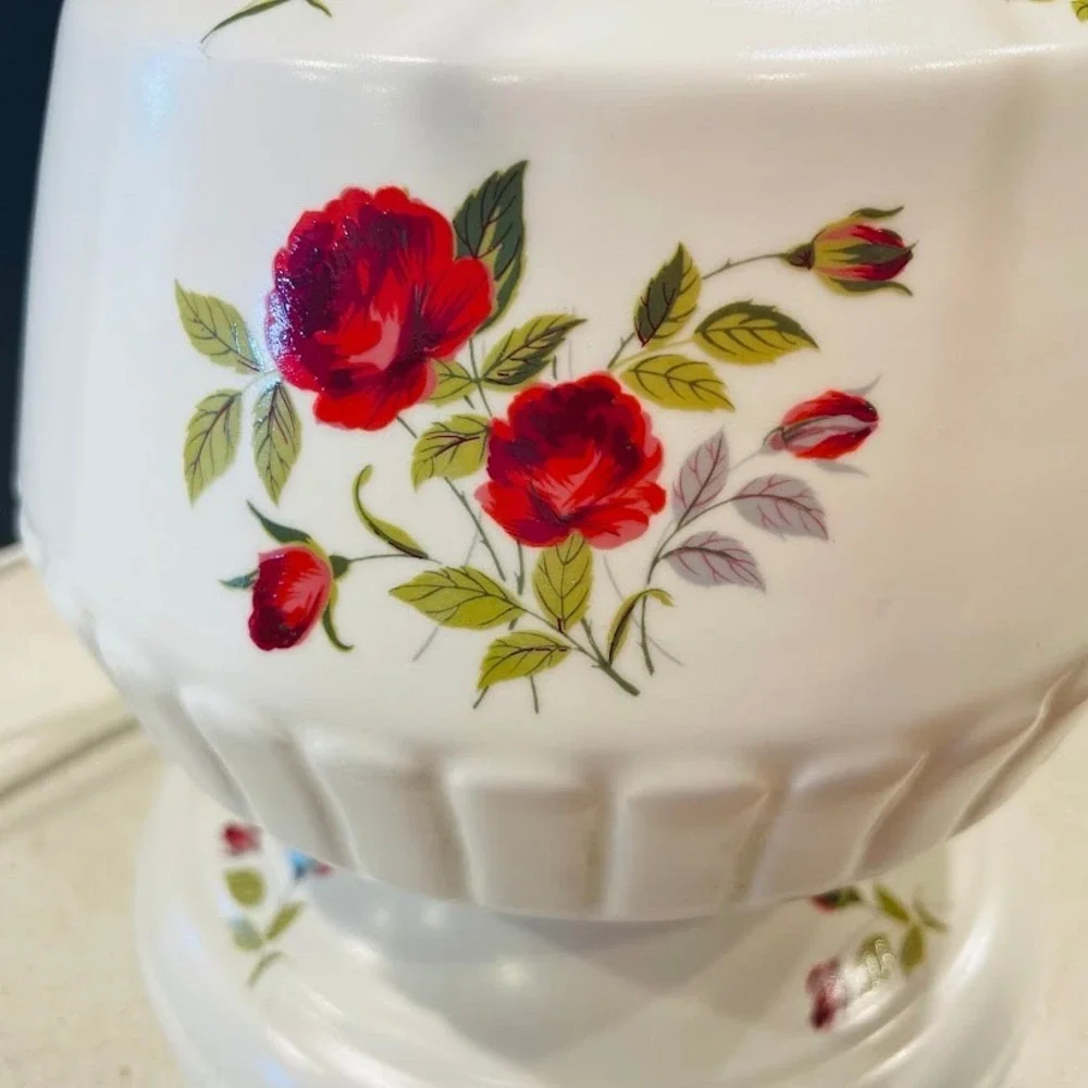 Vintage Hurricane Lamp White Red Floral Milk Glass Shade Electric 18 Inch Rose